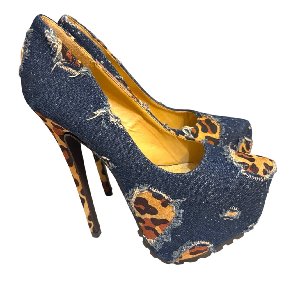 NWOT Alba platform heels dyed denim frayed cheetah print pumps y2k style 6.5